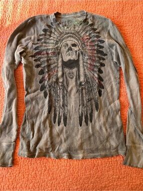 Graphic Skull Headdress Thermal Long Sleeve Top - Olive with Black & Red Print